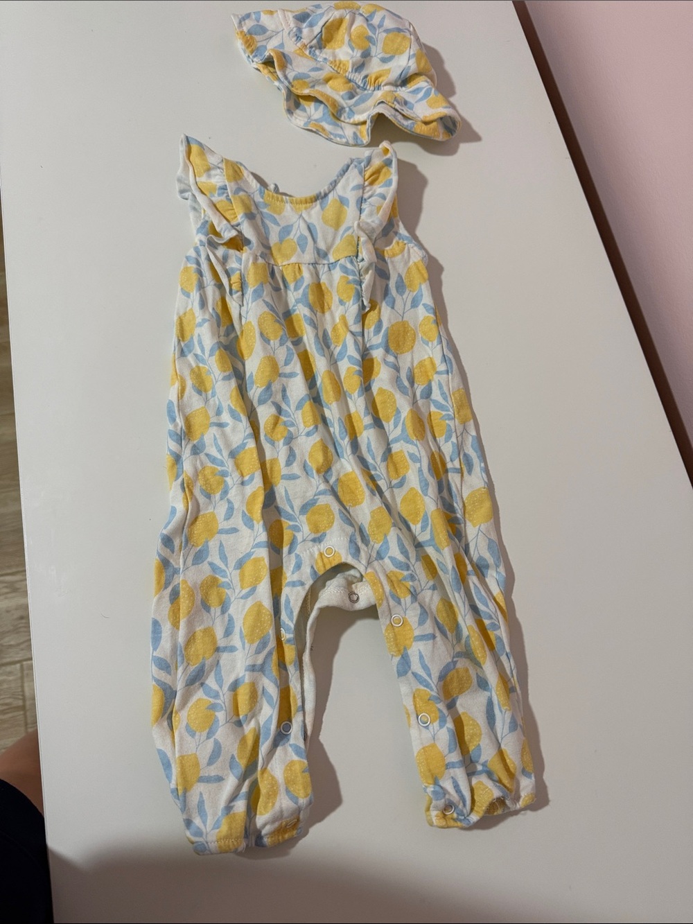 Lemon Print Baby Sunsuit with Matching Hat - Yellow & Blue